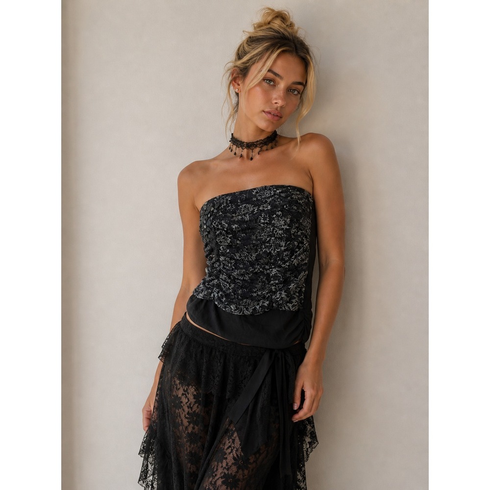 Y2K Lace Tube Top Sz L Black Sequin Romantic Goth Fairy Grunge Whimsigoth Corset